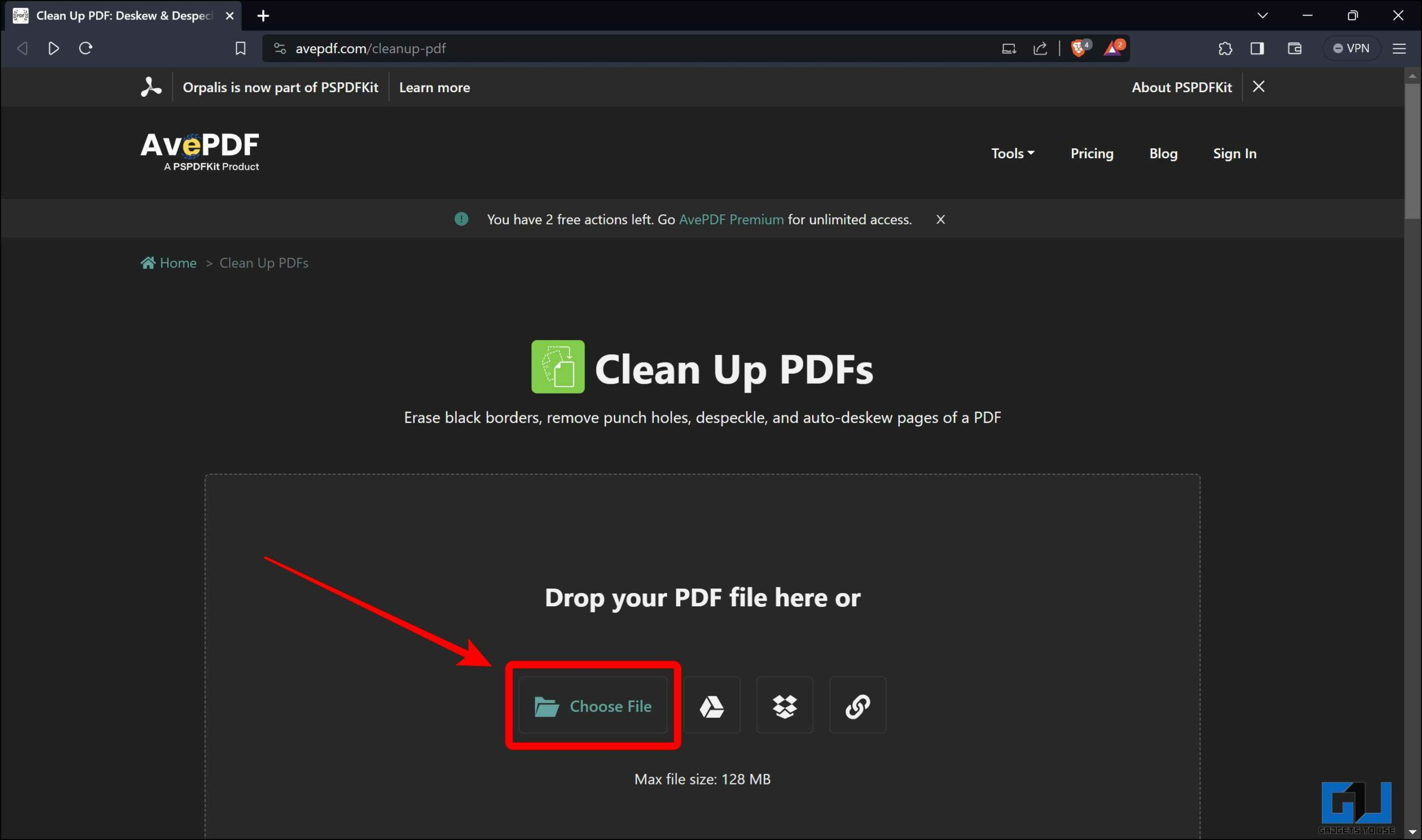 روی «انتخاب فایل» کلیک کنید تا یک PDF در پاک کردن فایل‌های PDF آپلود شود