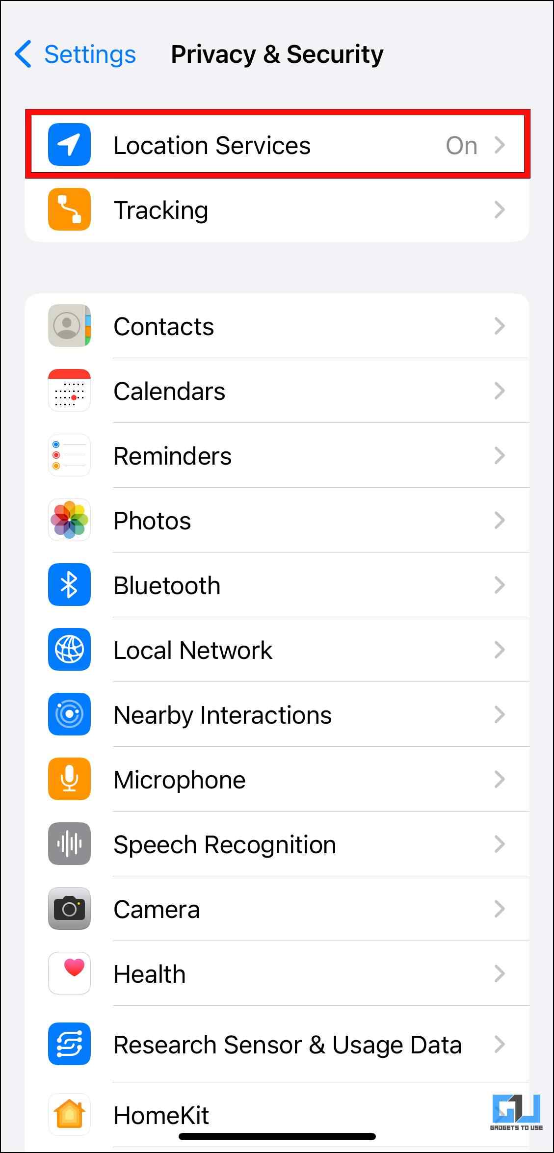 روی Location Services کلیک کنید