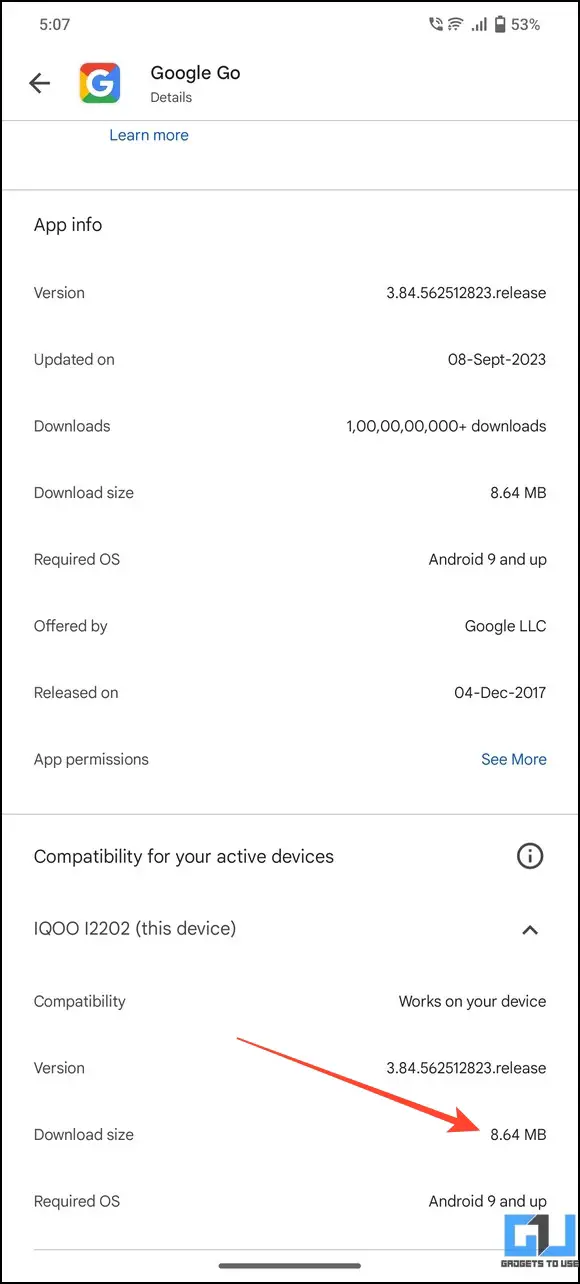 اندازه برنامه Google Go