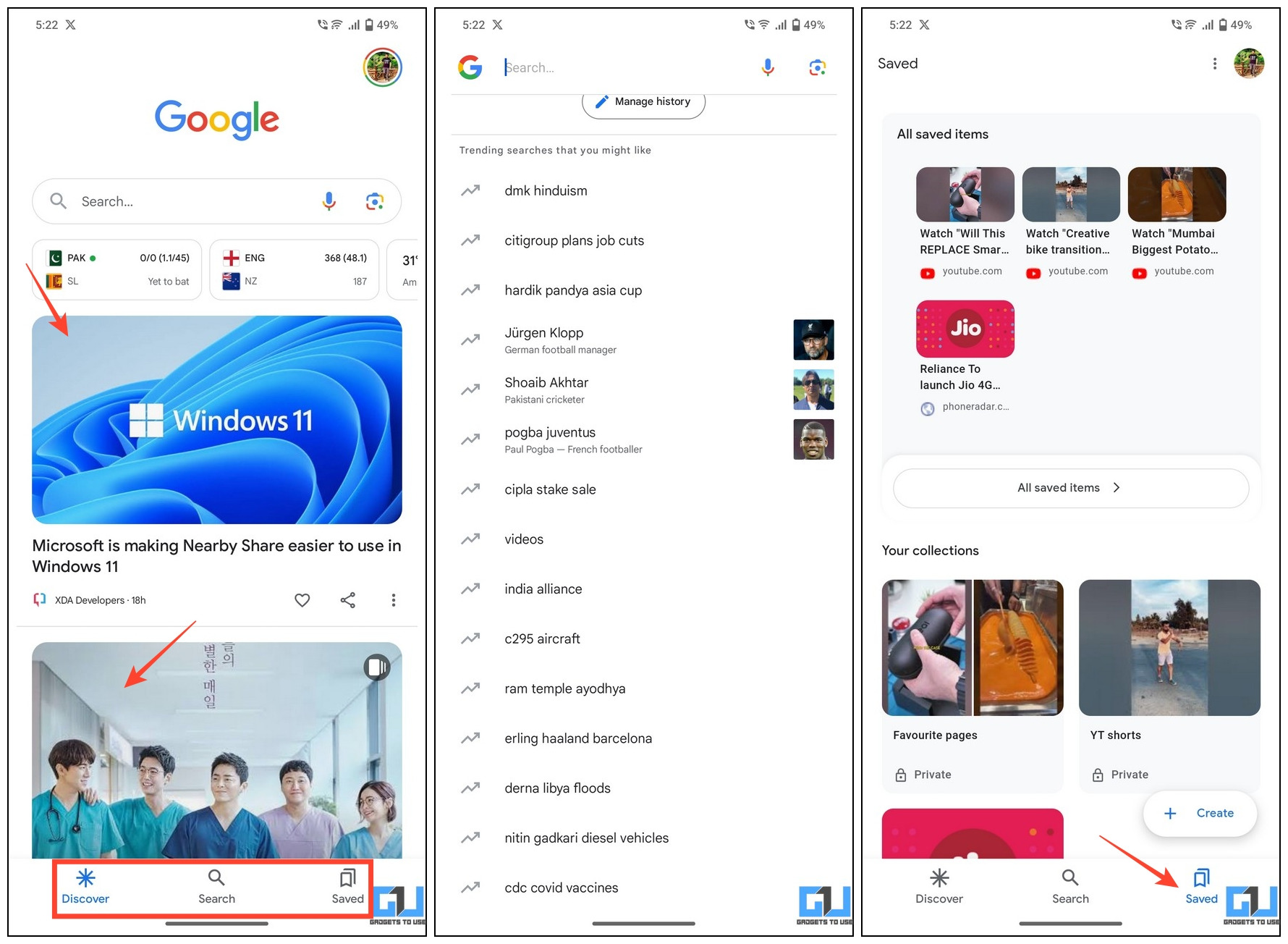 رابط برنامه Google با برگه کشف، جستجو و ذخیره شده