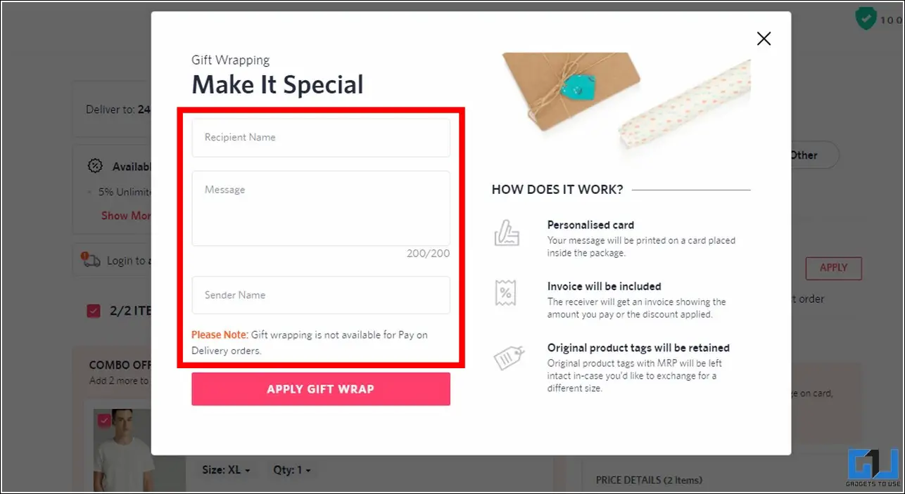 پیام سفارشی در سفارش myntra