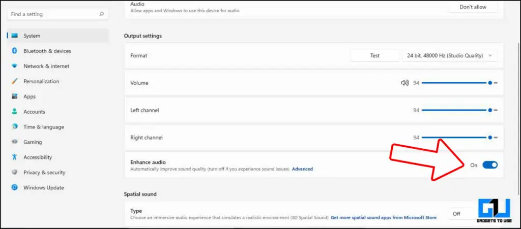 برای بهبود کیفیت صدا در ویندوز 11، گزینه Enhance Audio Toggle را روشن کنید